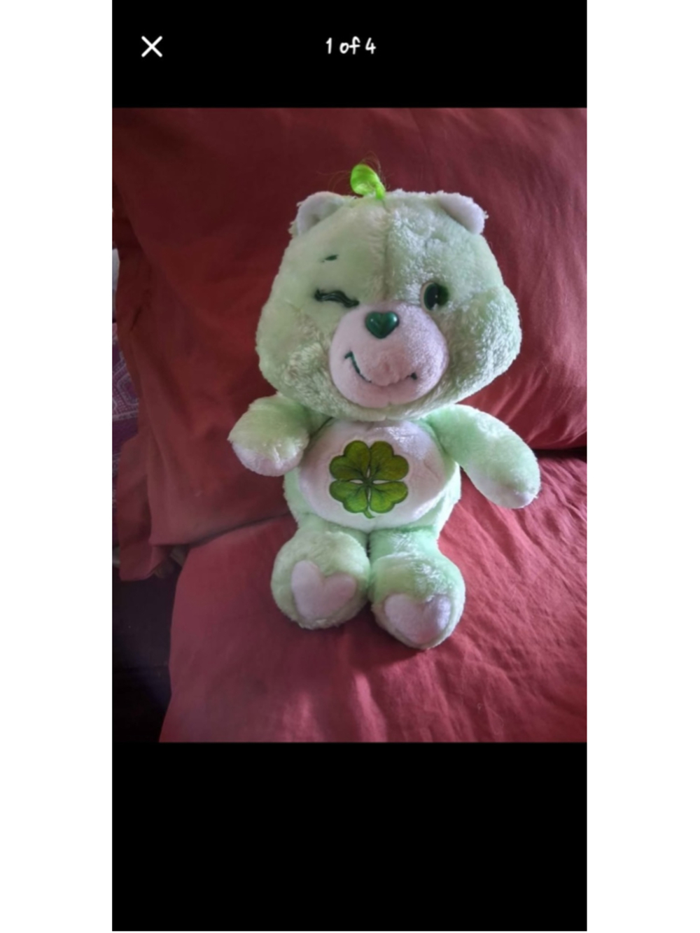 Vintage 1983 Care Bears Good Luck Bear 13 in Green/White Plush Bear